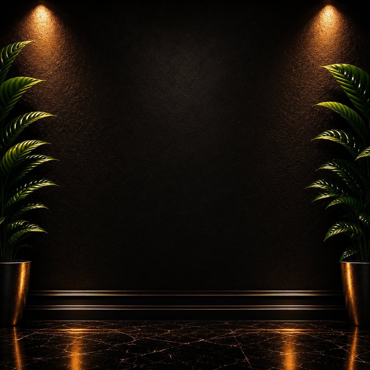 Dark interior space with black marble floor, two potted palm plants on sides, and warm uplighting creating an elegant, empty showroom setting